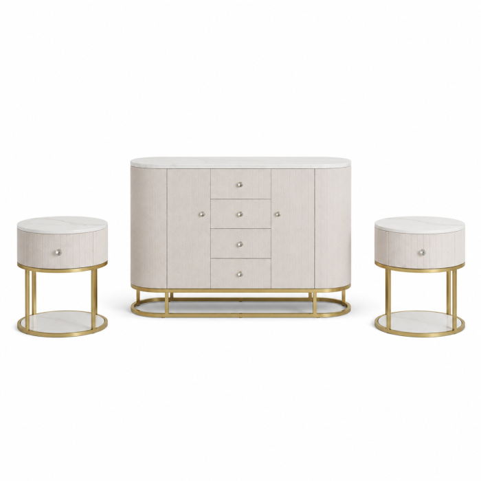 Mobilier dormitor crem comoda rotunjita blat marmura 2 noptiere crem sertare [2]