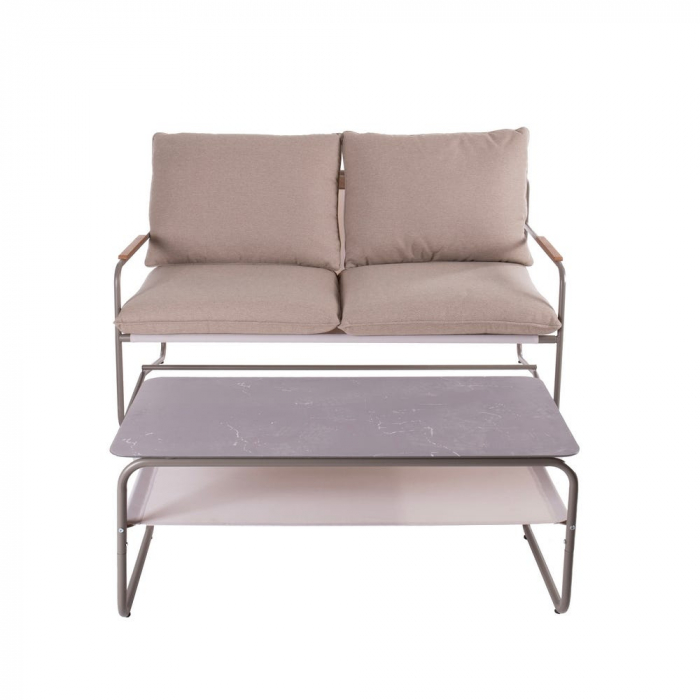 Set mobilier exterior cu accente lemn, cadru metalic rotunjit și masă cu raft [3]