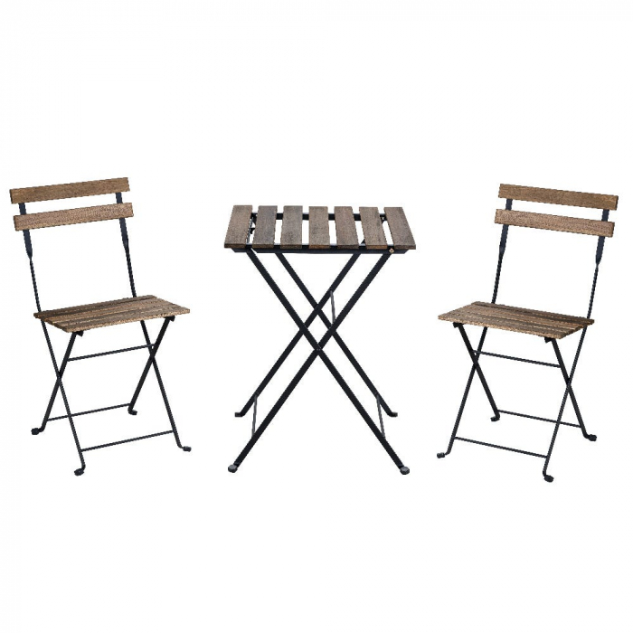 Masă și scaune pliabile Sirio – metal negru + lemn acacia, set balcon [1]