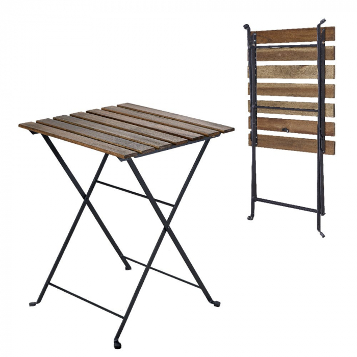 Masă și scaune pliabile Sirio – metal negru + lemn acacia, set balcon [2]
