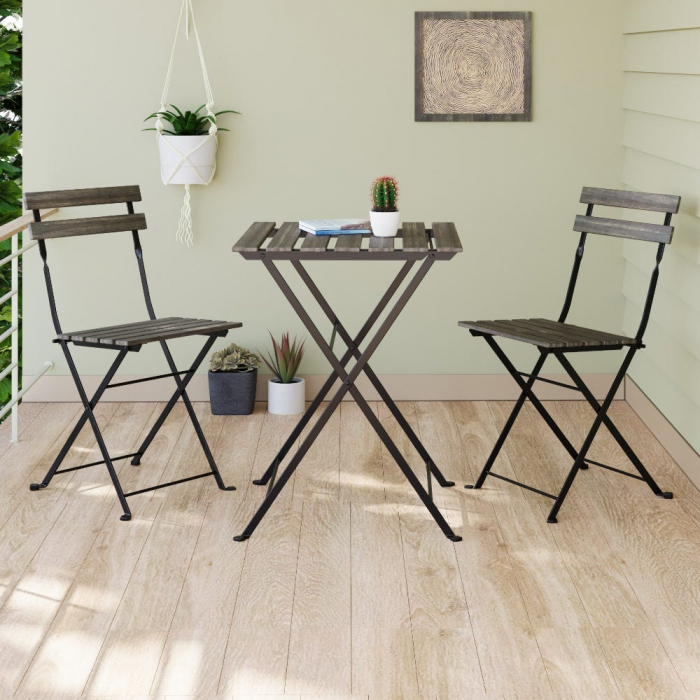 Masă și scaune pliabile Sirio – metal negru + lemn acacia, set balcon [6]