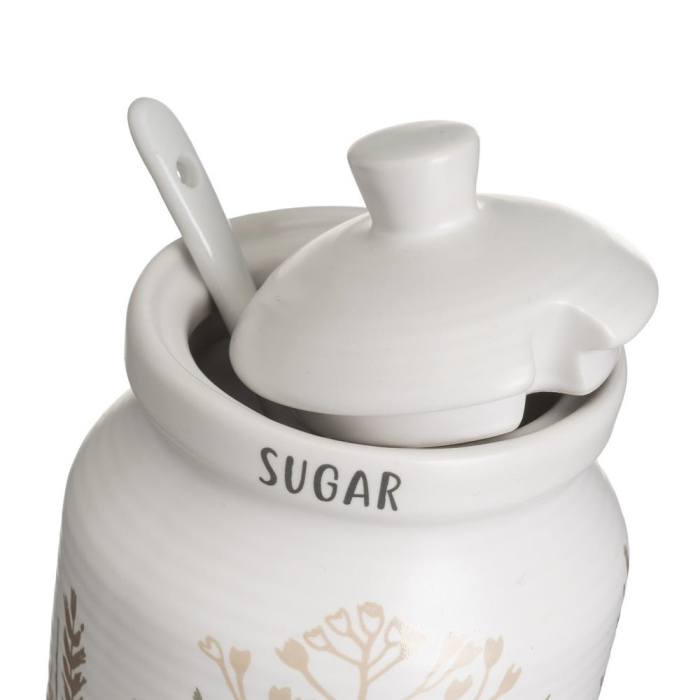 Set zaharniță și lăptar din stoneware alb cu imprimeu de ierburi cu capac și lingură [2]