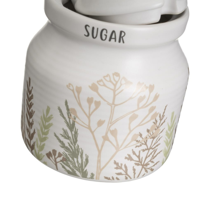 Set zaharniță și lăptar din stoneware alb cu imprimeu de ierburi cu capac și lingură [3]
