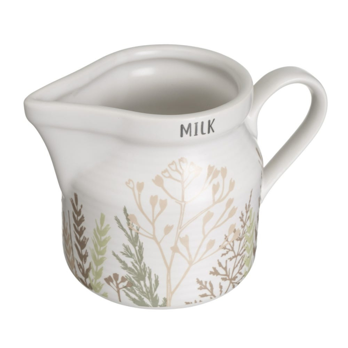Set zaharniță și lăptar din stoneware alb cu imprimeu de ierburi cu capac și lingură [4]