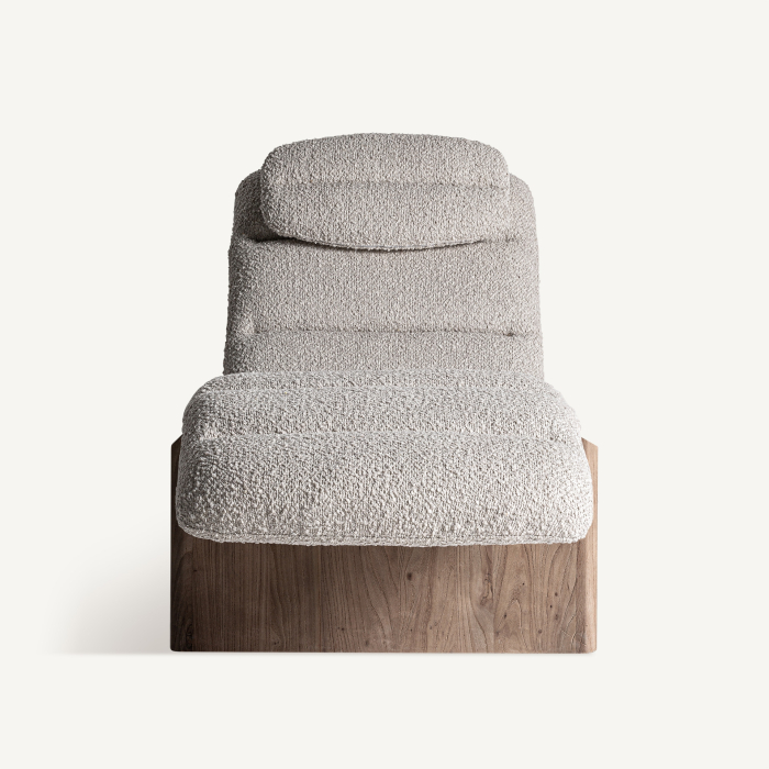 Sezlong din lemn de ulm maro si stofa bej Jacquard 180x68x84 cm [3]