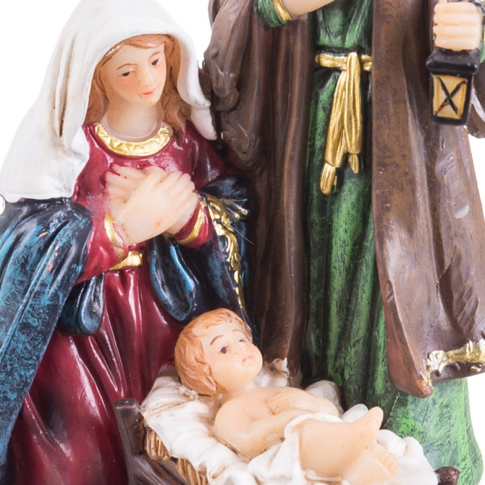 Sfânta Familie din rășină pictată cu Maria în mantie albastră Iosif cu felinar și pruncul în iesle [2]