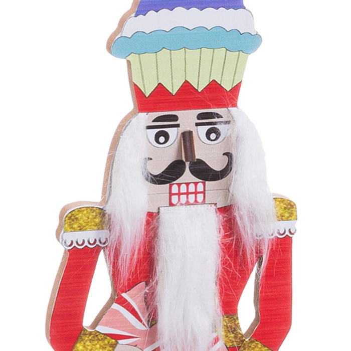 Soldat spărgător de nuci din lemn cu pălărie de cupcake barbă albă pufoasă haină roșie și bomboană mare [2]