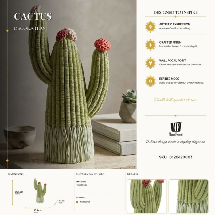 Statuetă decorativă cactus verde cu trei brațe, flori corai și crem și textură în relief [8]