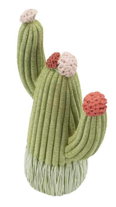 Statuetă decorativă cactus verde cu trei brațe, flori corai și crem și textură în relief [3]