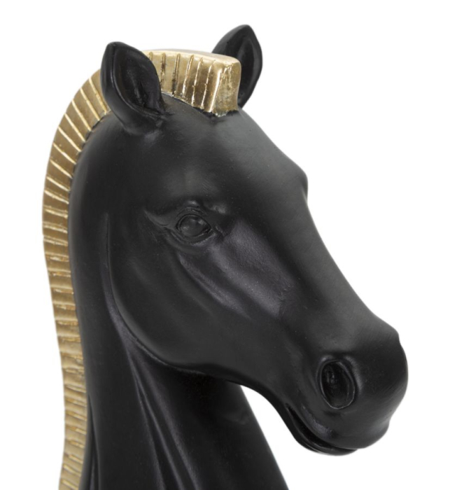 Statuetă decorativă cal de șah negru mat cu coamă aurie striată pe soclu rotund [3]
