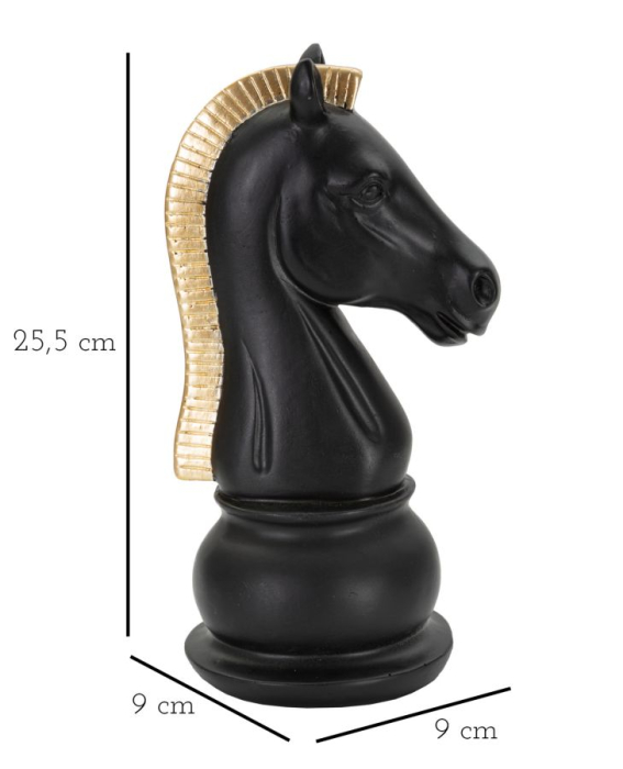 Statuetă decorativă cal de șah negru mat cu coamă aurie striată pe soclu rotund [7]