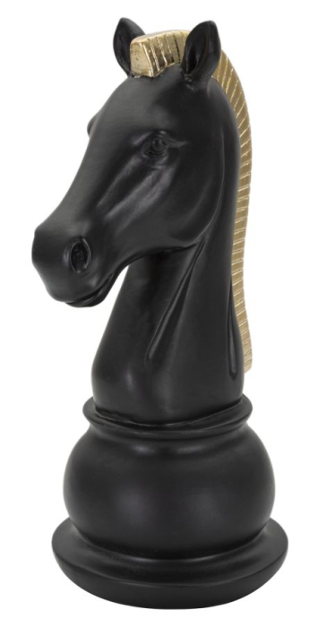 Statuetă decorativă cal de șah negru mat cu coamă aurie striată pe soclu rotund [2]