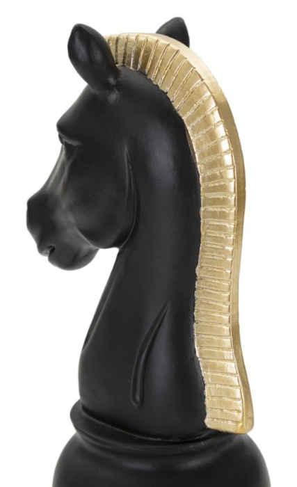 Statuetă decorativă cal de șah negru mat cu coamă aurie striată pe soclu rotund [4]