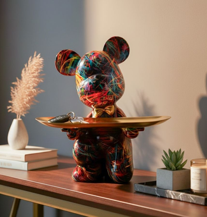 Statueta decorativa catel modern cu tava aurie multicolor din polirasina [8]