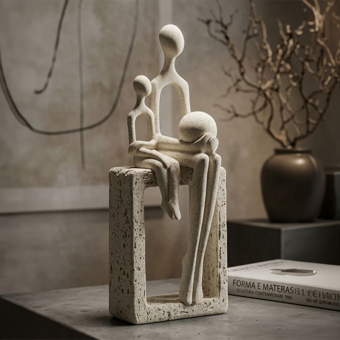 Statuetă decorativă familie stilizată cu siluete crem pe soclu dreptunghiular cu efect de piatră [8]