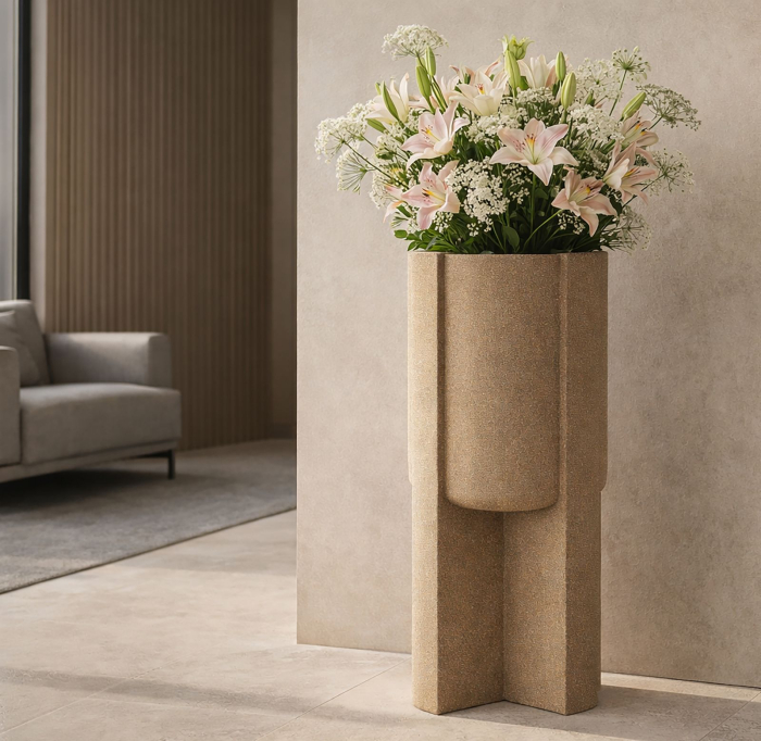 Suport vază exterior maro din rășină cu design sculptural Moai variantă compactă [2]