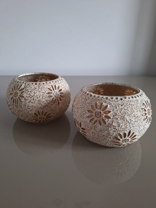 Suport lumanare handmade, sticla rasinata bej Bram 13x9cm [7]