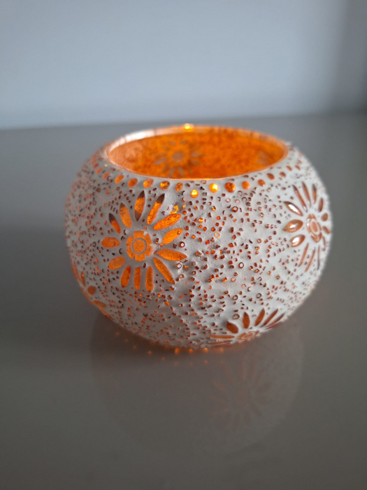 Suport lumanare handmade, sticla rasinata bej Bram 13x9cm [6]