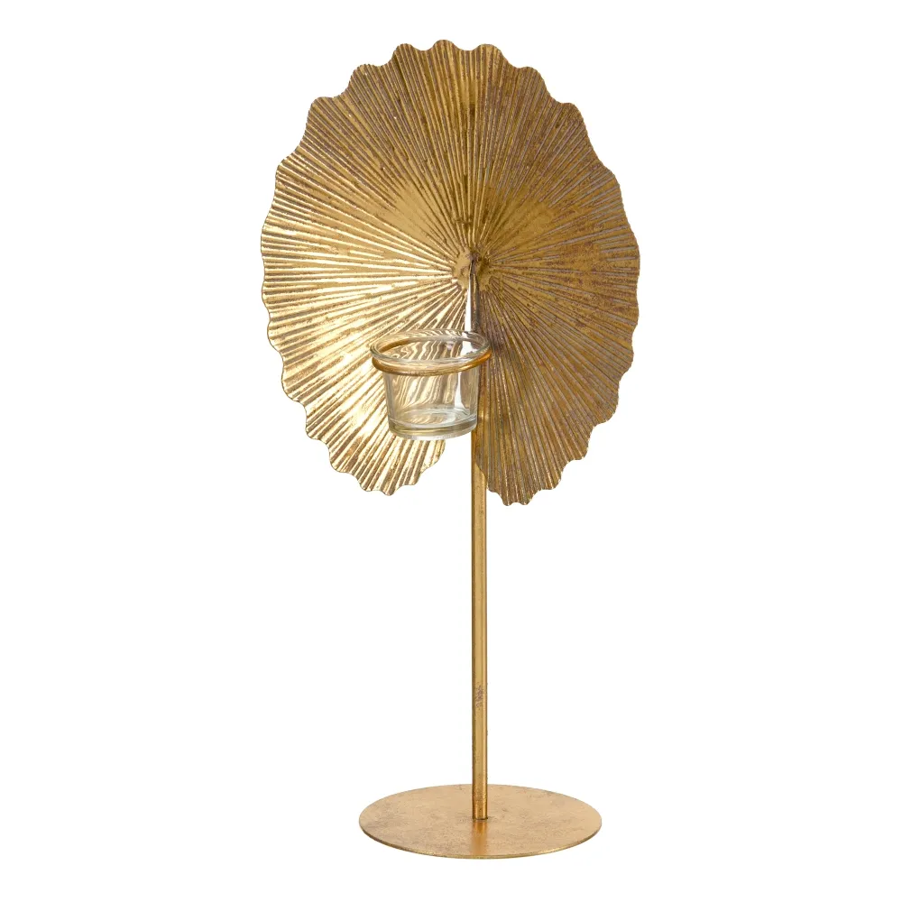 Suport lumânare frunză rotunjita metal auriu antichizat 25x14x42 CM [2]