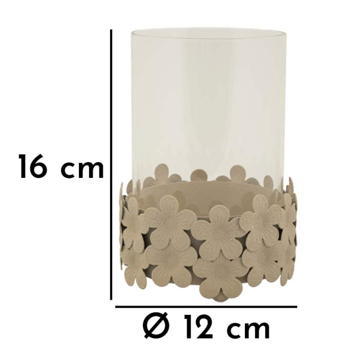 Suport pentru lumânare cilindrică cu sticlă transparentă și bază din metal taupe cu flori [6]