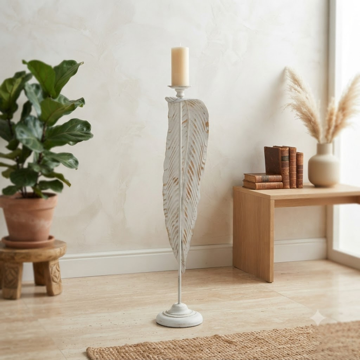 Suport pentru lumânare decorativ foarte înalt cu frunză sculptată din metal alb - CreativDeco [2]