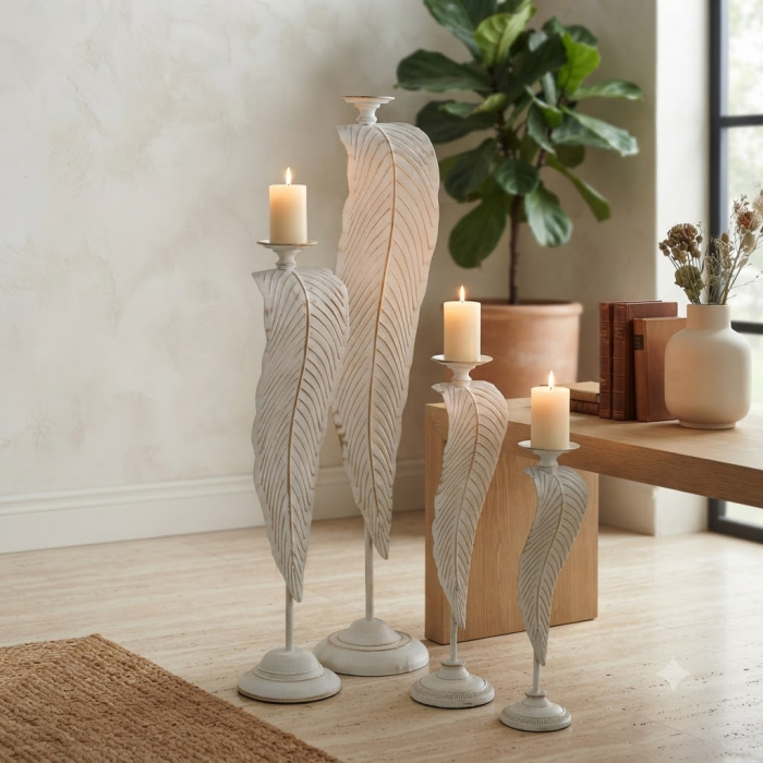 Suport pentru lumânare decorativ înalt cu frunză sculptată din metal alb - CreativDeco [2]
