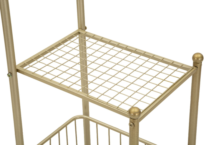 Suport pentru prosoape din metal auriu cu raft și coș depozitare [7]