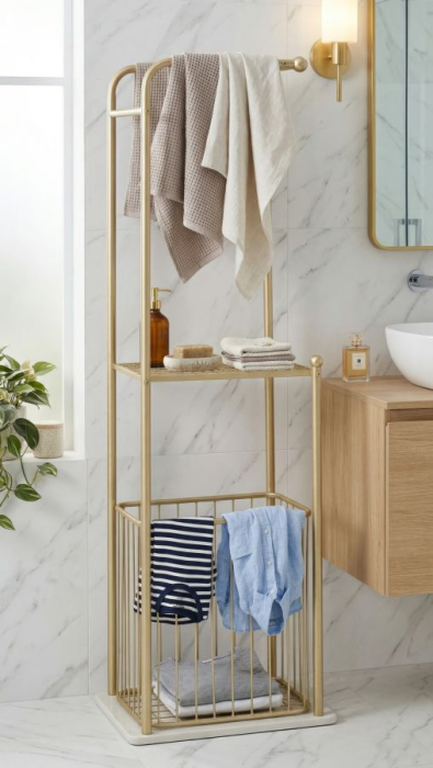 Suport pentru prosoape din metal auriu cu raft și coș depozitare [8]