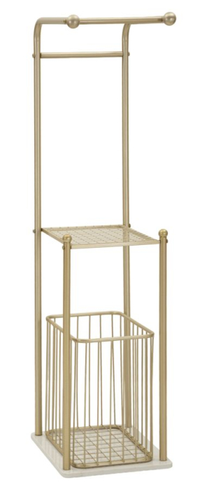 Suport pentru prosoape din metal auriu cu raft și coș depozitare [3]