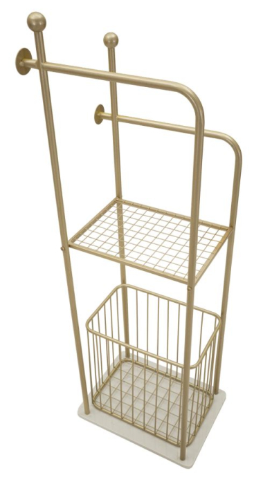 Suport pentru prosoape din metal auriu cu raft și coș depozitare modern [5]