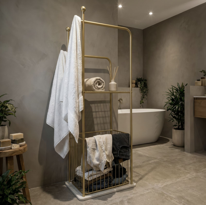 Suport pentru prosoape din metal auriu cu raft și coș depozitare modern [6]