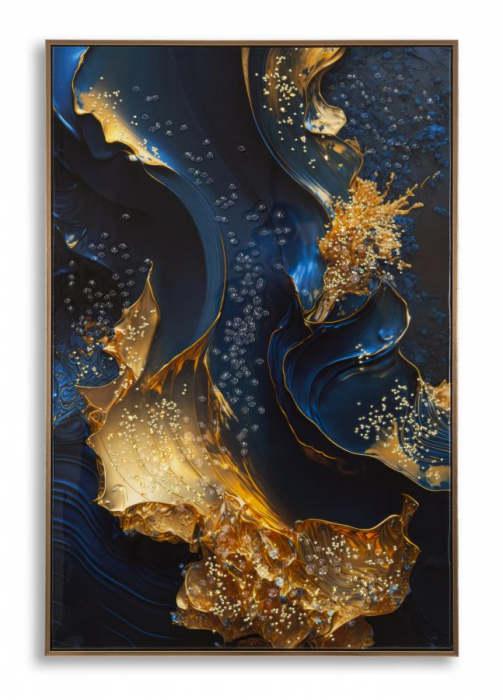 Tablou abstract albastru auriu 60x90 cm – textură tridimensională pe pânză cu accente metalice [1]