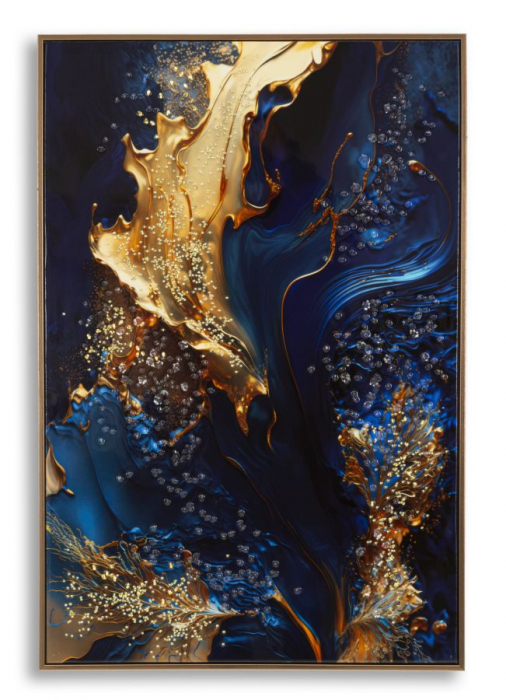 Tablou abstract albastru aur 60x90 cm – efect tridimensional pe pânză cu detalii aurii [1]