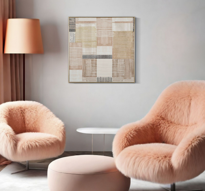 Tablou abstract bej cu aur 60x60 cm – compoziție cu texturi liniare pe pânză [2]