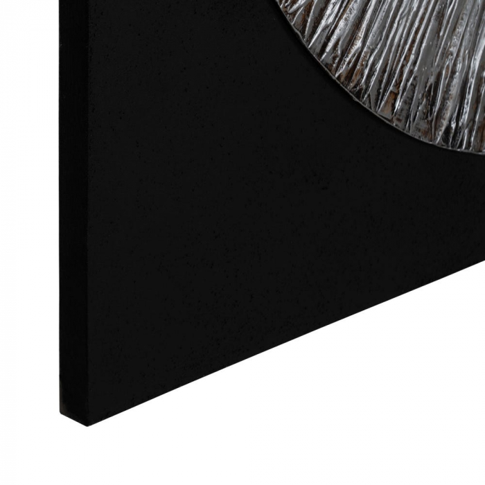 Tablou abstract pătrat pictat manual, cerc argintiu pe fundal negru [4]