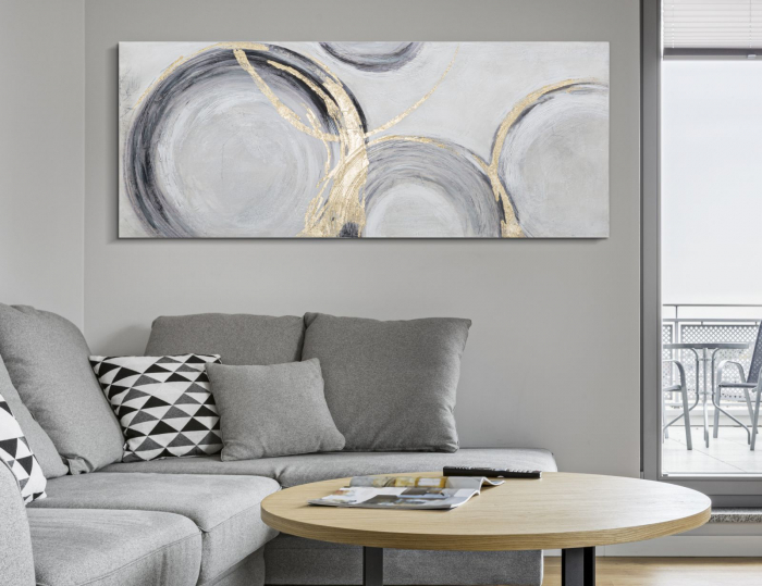 Tablou cercuri aurii fundal gri 150x60 cm – artă abstractă pictată manual [5]