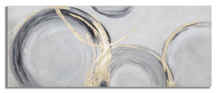 Tablou cercuri aurii fundal gri 150x60 cm – artă abstractă pictată manual [1]