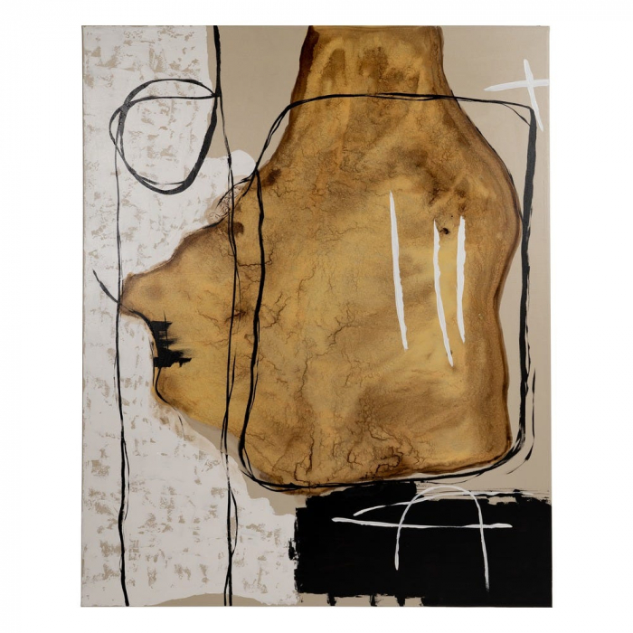 Tablou abstract vertical pictat manual 100%, aur și grafisme alb-negru [1]