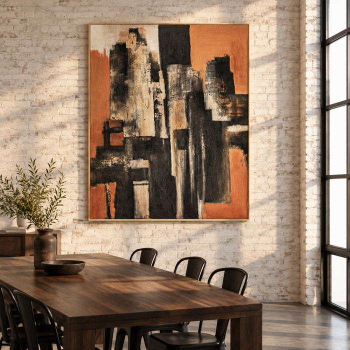 Tablou abstract mare din blocuri verticale negre, teracotă și crem, în pensulă aspră, cu relief [2]