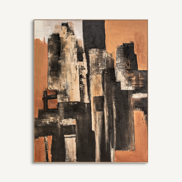 Tablou abstract mare din blocuri verticale negre, teracotă și crem, în pensulă aspră, cu relief [2]
