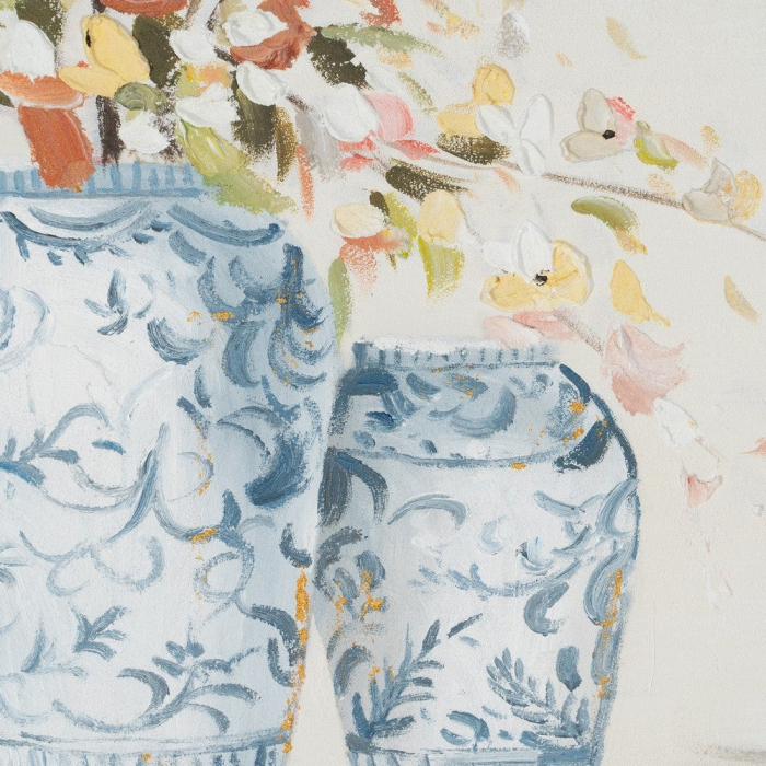 Tablou vaze albastre cu flori pastel pictat manual vertical 50x70cm [3]