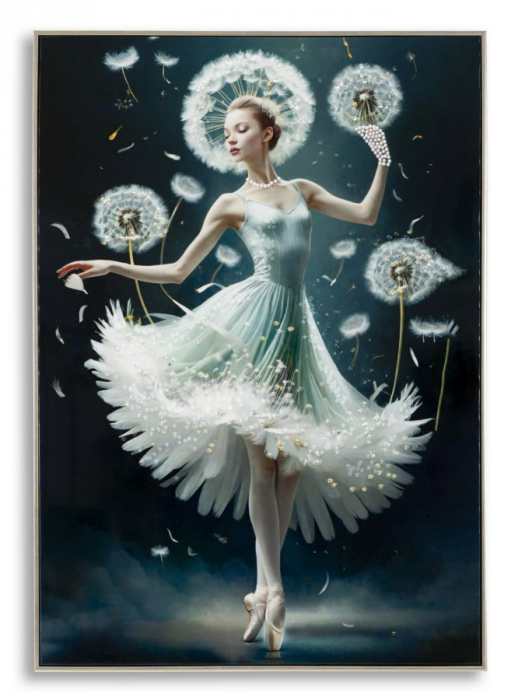 Tablou balerină etereală păpădii 72x102 cm – artă dreamlike în contrast alb-bleumarin [1]