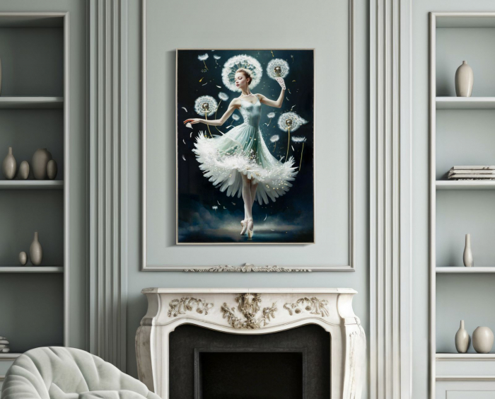 Tablou balerină etereală păpădii 72x102 cm – artă dreamlike în contrast alb-bleumarin [2]
