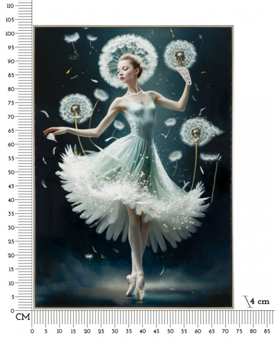 Tablou balerină etereală păpădii 72x102 cm – artă dreamlike în contrast alb-bleumarin [7]