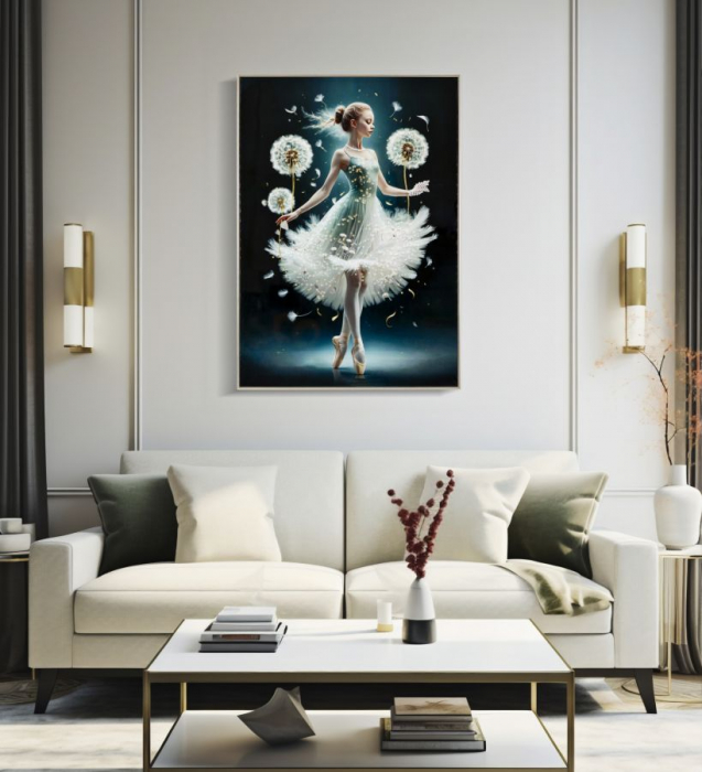 Tablou balerină păpădie 72x102 cm – poezie vizuală cu fundal închis și accente aurii [6]