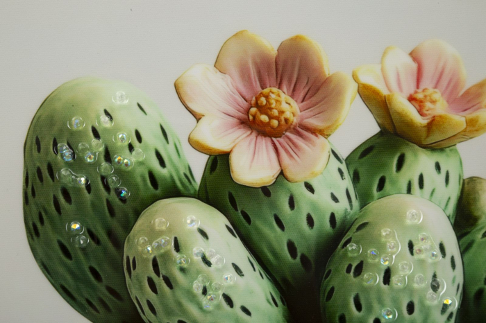 Tablou cactus ceramic flori pastel 40x40 cm – pânză cu ramă albă pentru decor romantic [3]