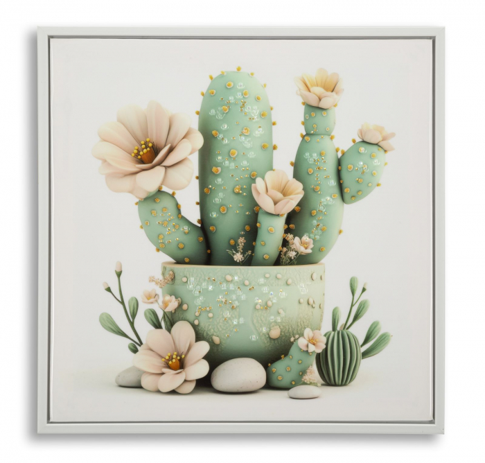 Tablou cactus flori crem 40x40 cm – compoziție florală pastel cu detalii aurii [1]
