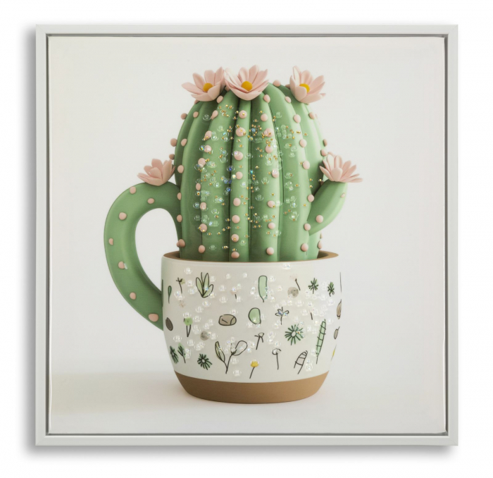 Tablou cactus cană ceramică 40x40 cm – imagine pastel artistică cu ramă albă [1]