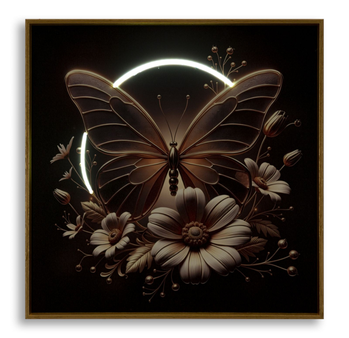 Tablou Canvas cu LED si rama din lemn fluture auriu cu flori decorative decor modern [5]