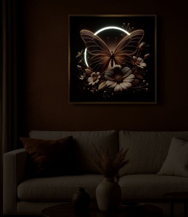 Tablou Canvas cu LED si rama din lemn fluture auriu cu flori decorative decor modern [8]